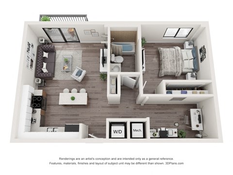 Floor plan for 1 bed, 1 bath, 705 sqft