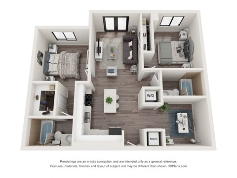 Floor plan for 2 beds, 2 baths, 980 sqft