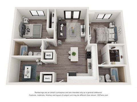 Floor plan for 2 beds, 2 baths, 975 sqft