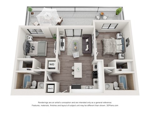 Floor plan for 2 beds, 2 baths, 853 sqft