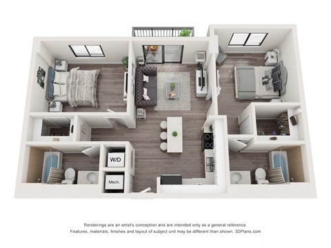 Floor plan for 2 beds, 2 baths, 852 sqft