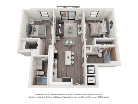 Floor plan for 2 beds, 2 baths, 850 sqft