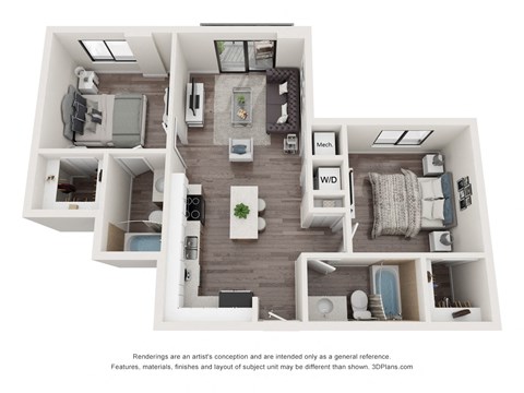 Floor plan for 2 beds, 2 baths, 850 sqft
