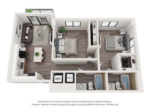 Floor plan for 2 beds, 2 baths, 865 sqft