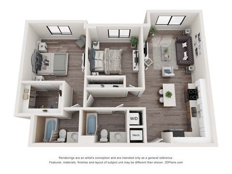 Floor plan for 2 beds, 2 baths, 970 sqft