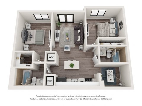 Floor plan for 2 beds, 2 baths, 955 sqft