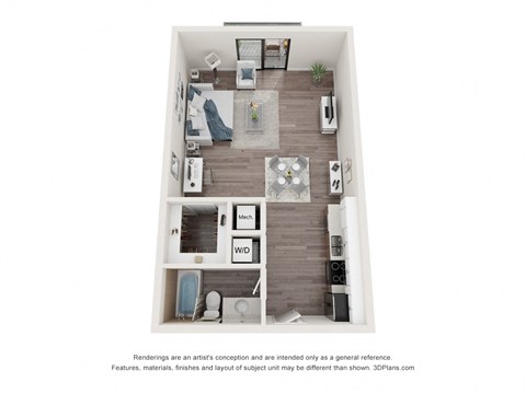 Floor plan for studio, 1 bath, 625 sqft