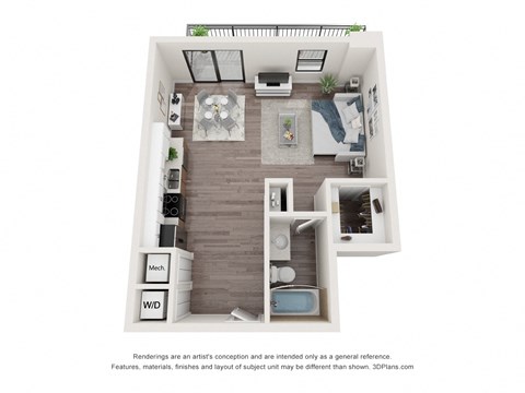Floor plan for studio, 1 bath, 625 sqft