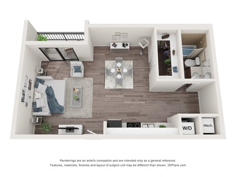 Floor plan for studio, 1 bath, 627 sqft