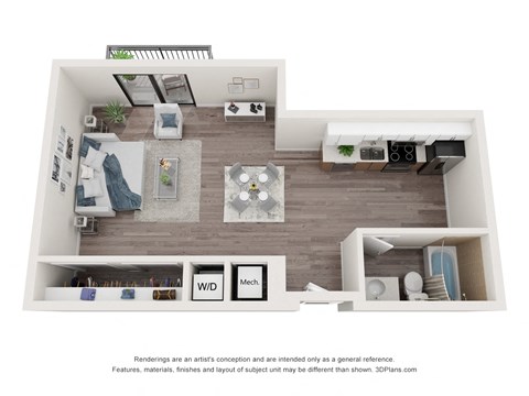 Floor plan for studio, 1 bath, 630 sqft