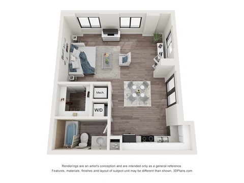 Floor plan for studio, 1 bath, 630 sqft