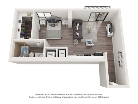 Floor plan for studio, 1 bath, 630 sqft