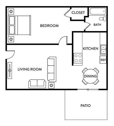 Floor plan for 1 bed, 1 bath, 650 sqft