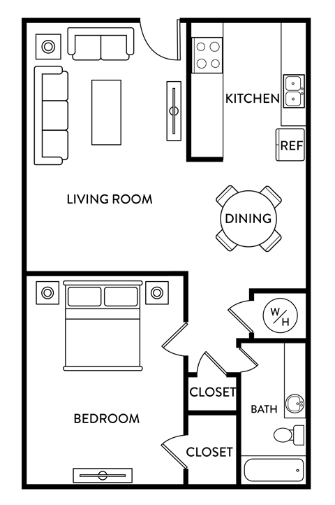 Floor plan for 1 bed, 1 bath, 775 sqft