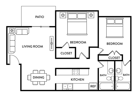 Floor plan for 2 beds, 2 baths, 1011 sqft