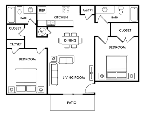 Floor plan for 2 beds, 2 baths, 1010 sqft