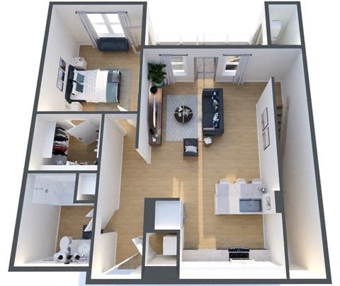 Floor plan for 1 bed, 1 bath, 890 sqft