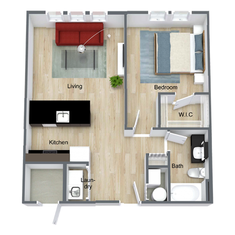 Floor plan for 1 bed, 1 bath, 675 sqft
