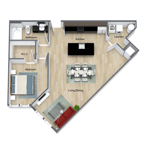 Floor plan for 1 bed, 1 bath, 882 sqft