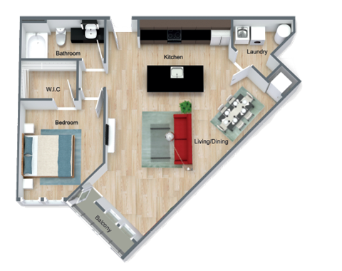 Floor plan for 1 bed, 1 bath, 826 sqft
