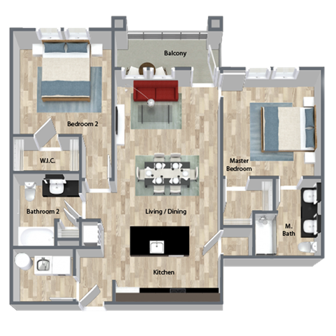 Floor plan for 2 beds, 2 baths, 1100 sqft