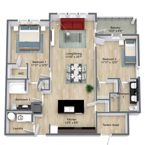 Floor plan for 2 beds, 2 baths, 1189 sqft