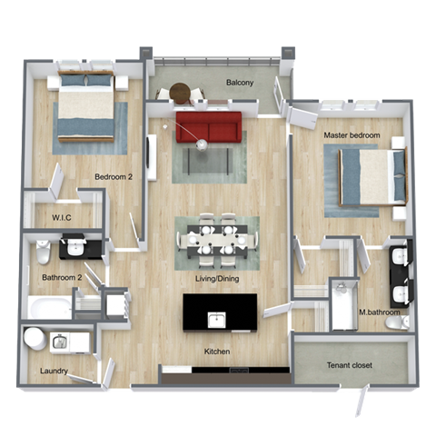 Floor plan for 2 beds, 2 baths, 1252 sqft