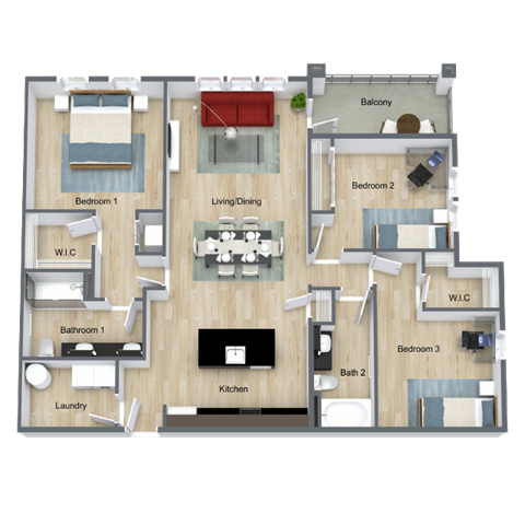 Floor plan for 3 beds, 2 baths, 1373 sqft