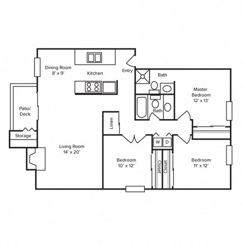 Floor plan for 3 beds, 2 baths, 1257 sqft