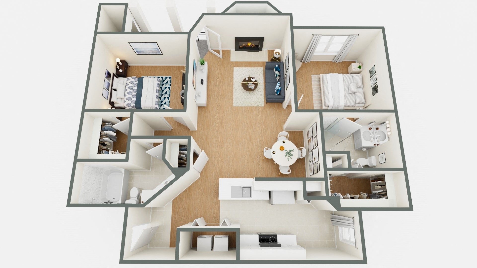 Floor plan for 2 beds, 2 baths, 1214 sqft