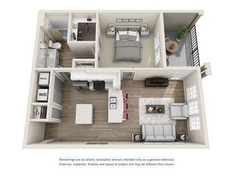 Floor plan for 1 bed, 1 bath, 711 sqft