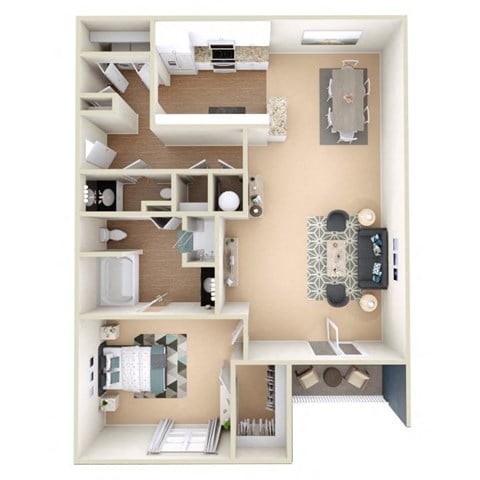 Floor plan for 1 bed, 1.5 baths, 1074 sqft
