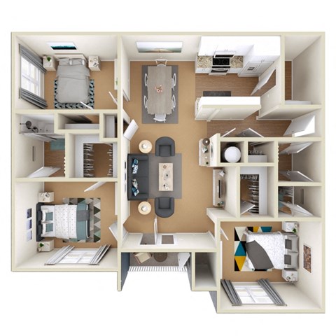 Floor plan for 3 beds, 2 baths, 1557 sqft