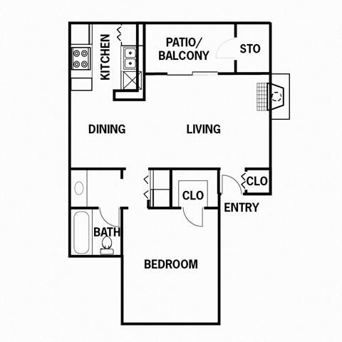 Floor plan for 1 bed, 1 bath, 647 sqft