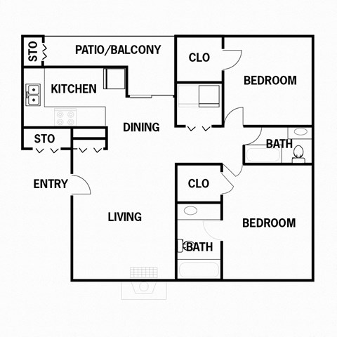 Floor plan for 2 beds, 2 baths, 896 sqft