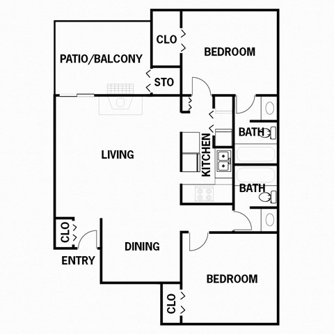 Floor plan for 2 beds, 2 baths, 995 sqft