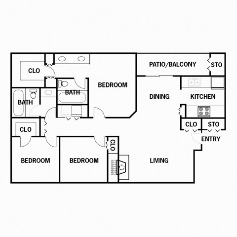 Floor plan for 3 beds, 2 baths, 1118 sqft
