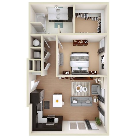 Floor plan for 1 bed, 1 bath, 890 sqft