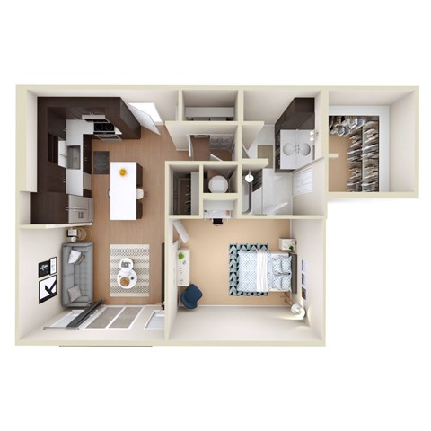 Floor plan for 1 bed, 1 bath, 881 sqft