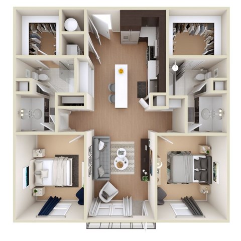 Floor plan for 2 beds, 2 baths, 1031 sqft