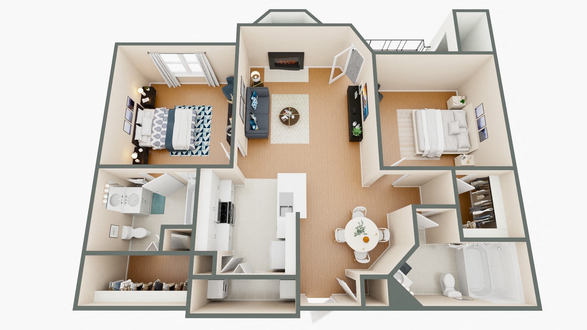 Floor plan for 2 beds, 2 baths, 986 sqft