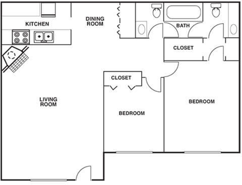 Floor plan for 2 beds, 1.5 baths, 945 sqft
