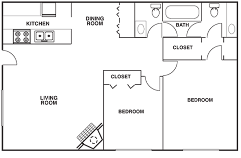 Floor plan for 2 beds, 1.5 baths, 935 sqft