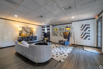 Shreveport apartment for rent - A modern living room with a grey sofa and a patterned rug.