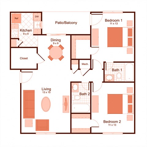 Floor plan for 2 beds, 2 baths, 938 sqft