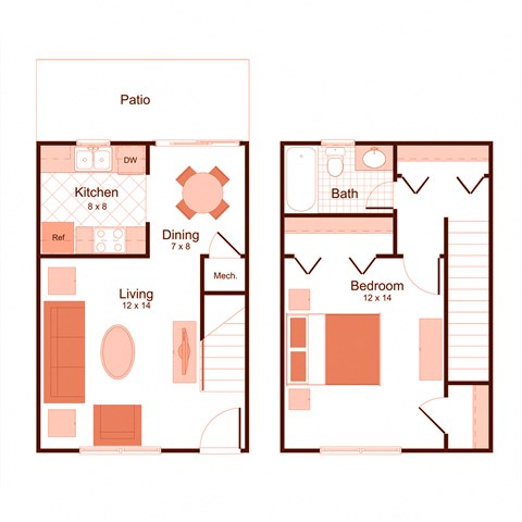 Floor plan for 1 bed, 1 bath, 697 sqft