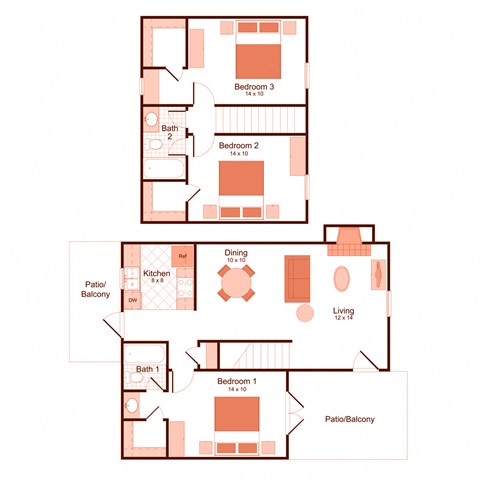 Floor plan for 3 beds, 2 baths, 1196 sqft