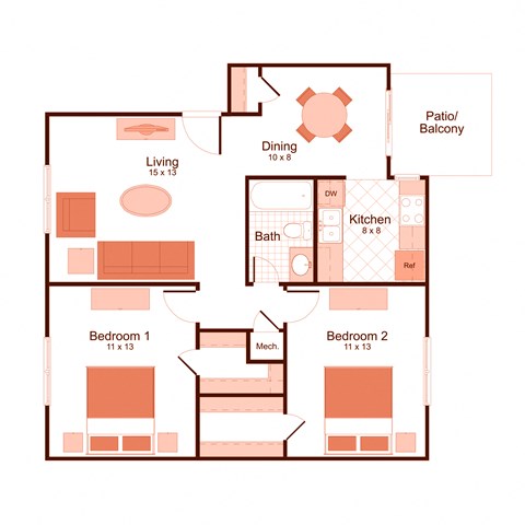 Floor plan for 2 beds, 1 bath, 873 sqft