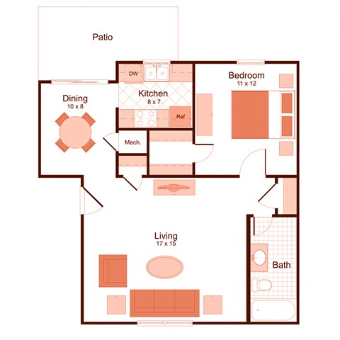 Floor plan for 1 bed, 1 bath, 692 sqft