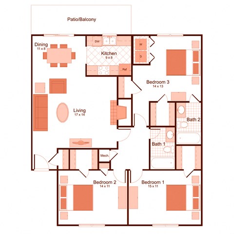 Floor plan for 3 beds, 2 baths, 1372 sqft